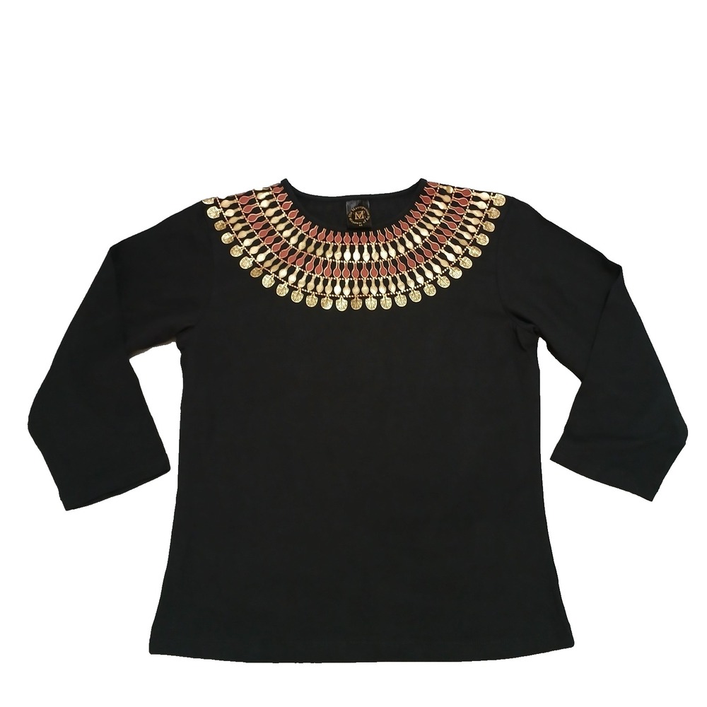 Metropolitan Museum Of Art Egyptian Collar Women's Black Top Shirt Long Sleeve M